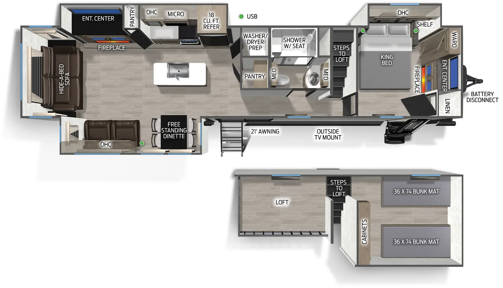 The Cherokee Black Label 39DLBL floorplan has two entries and three slide outs. Exterior features include: fiberglass exterior and 21' awning. Interiors features include: loft, kitchen island, free-standing dinette option, front bedroom and rear living.